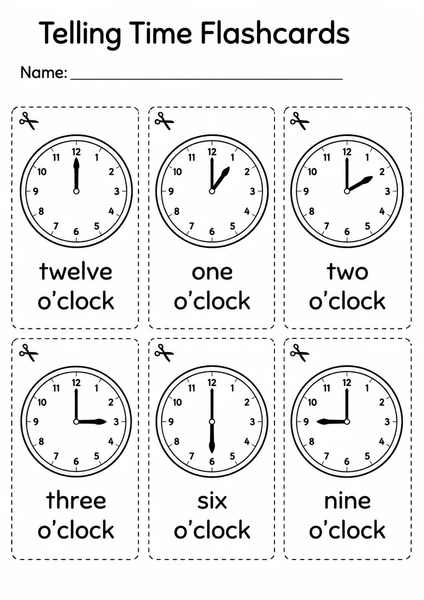 Telling Time flashcards worksheet for Kindergarten