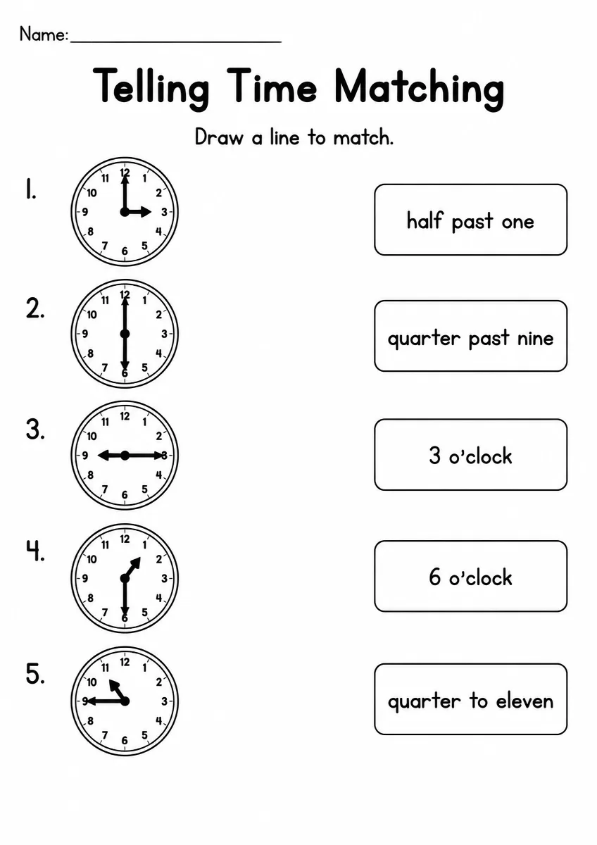 Telling Time Matching — Kindergarten