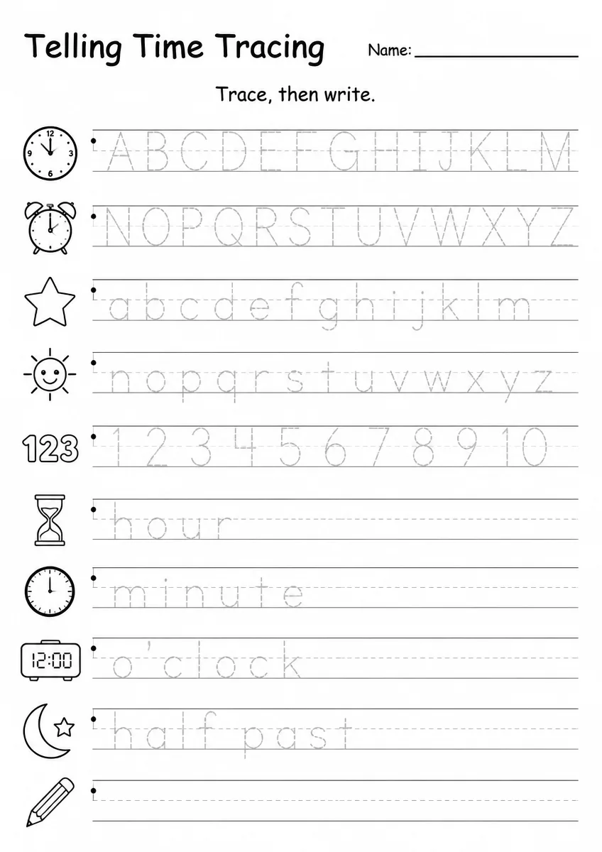 Telling Time Tracing — Kindergarten