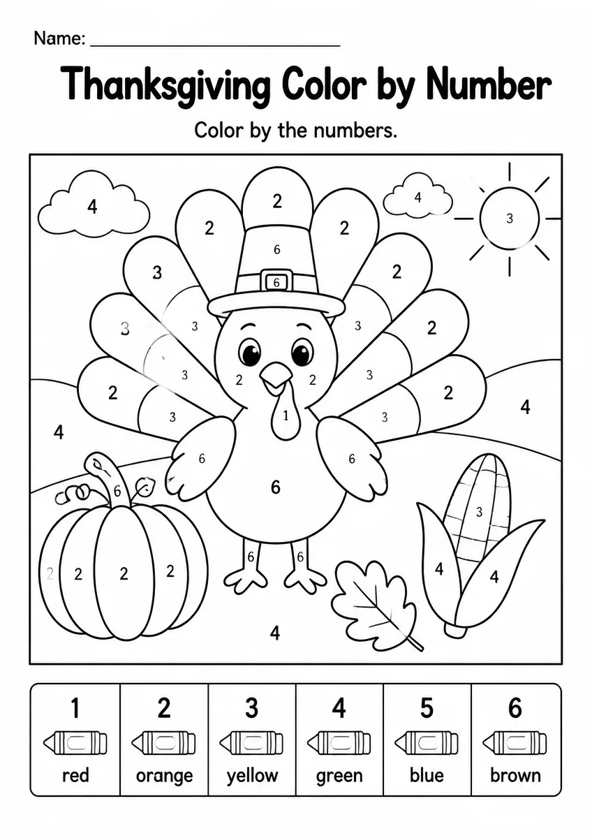 Thanksgiving color by number worksheet for Grade 3