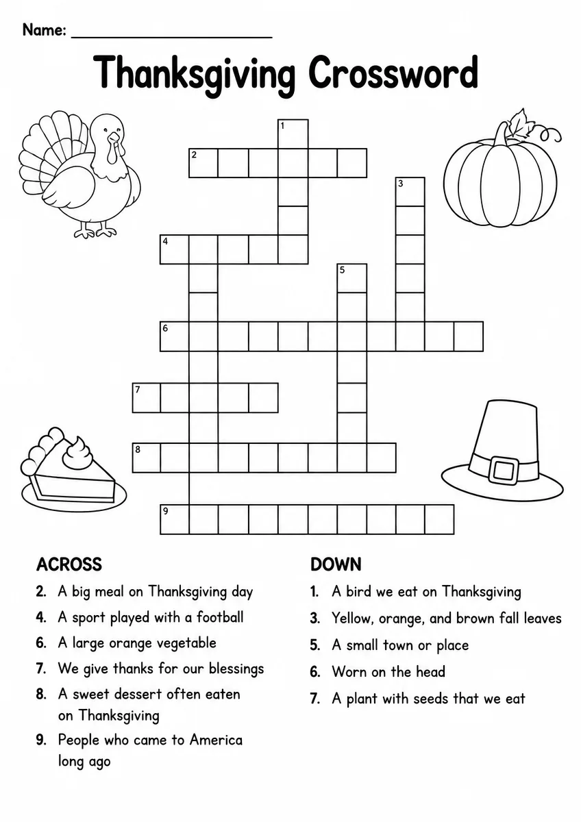 Thanksgiving Crossword — Grade 3