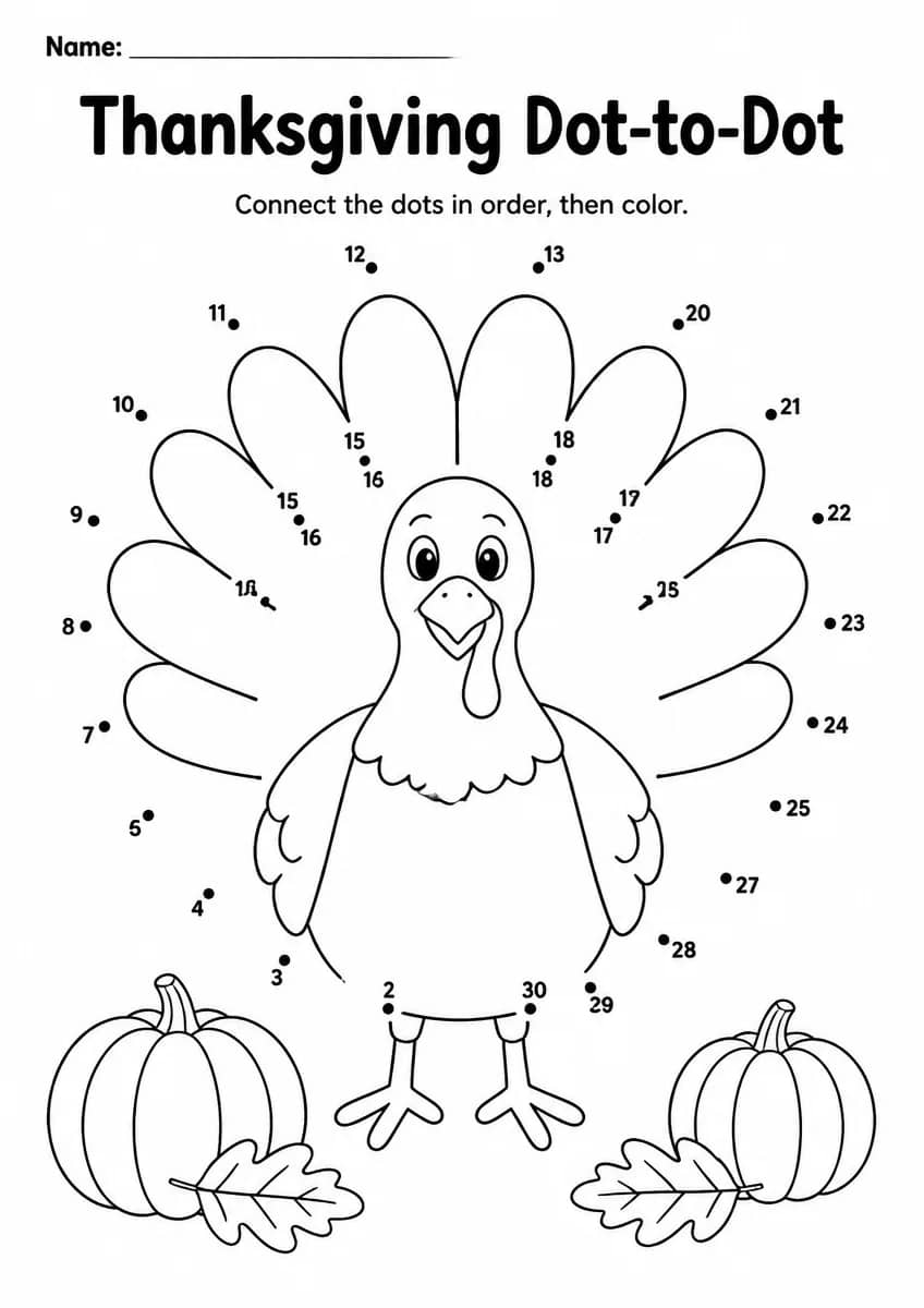 Thanksgiving dot-to-dot worksheet for Grade 3