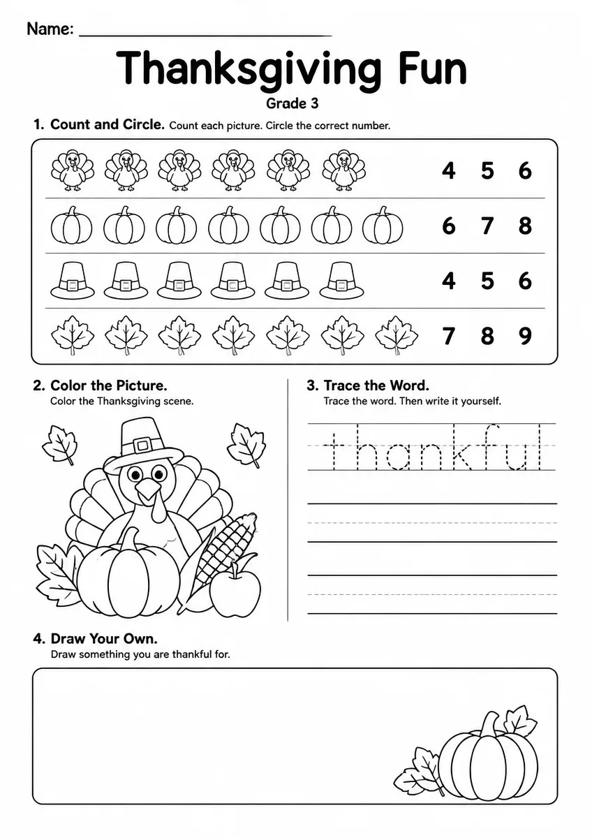 Thanksgiving Worksheet — Grade 3