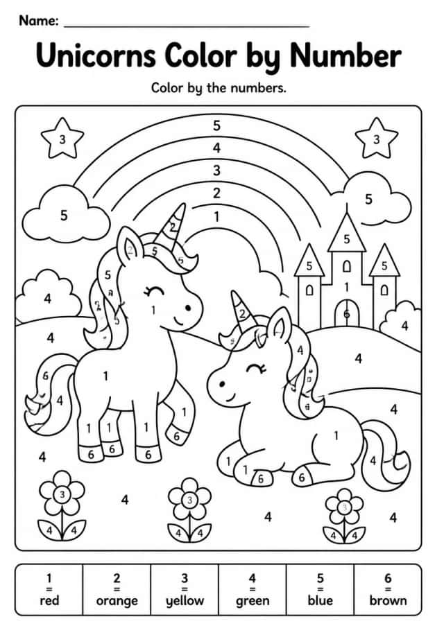 Unicorns Color by Number — Kindergarten
