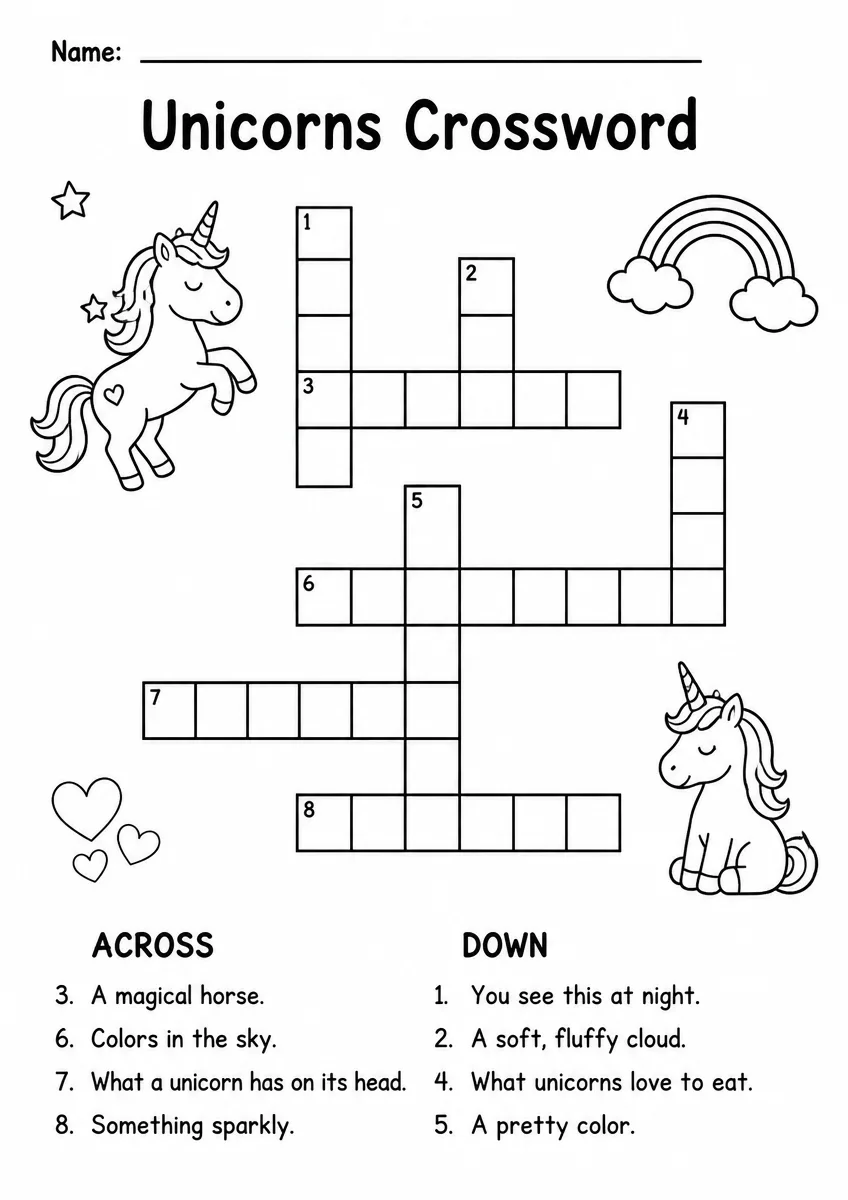 Unicorns crossword worksheet for Kindergarten