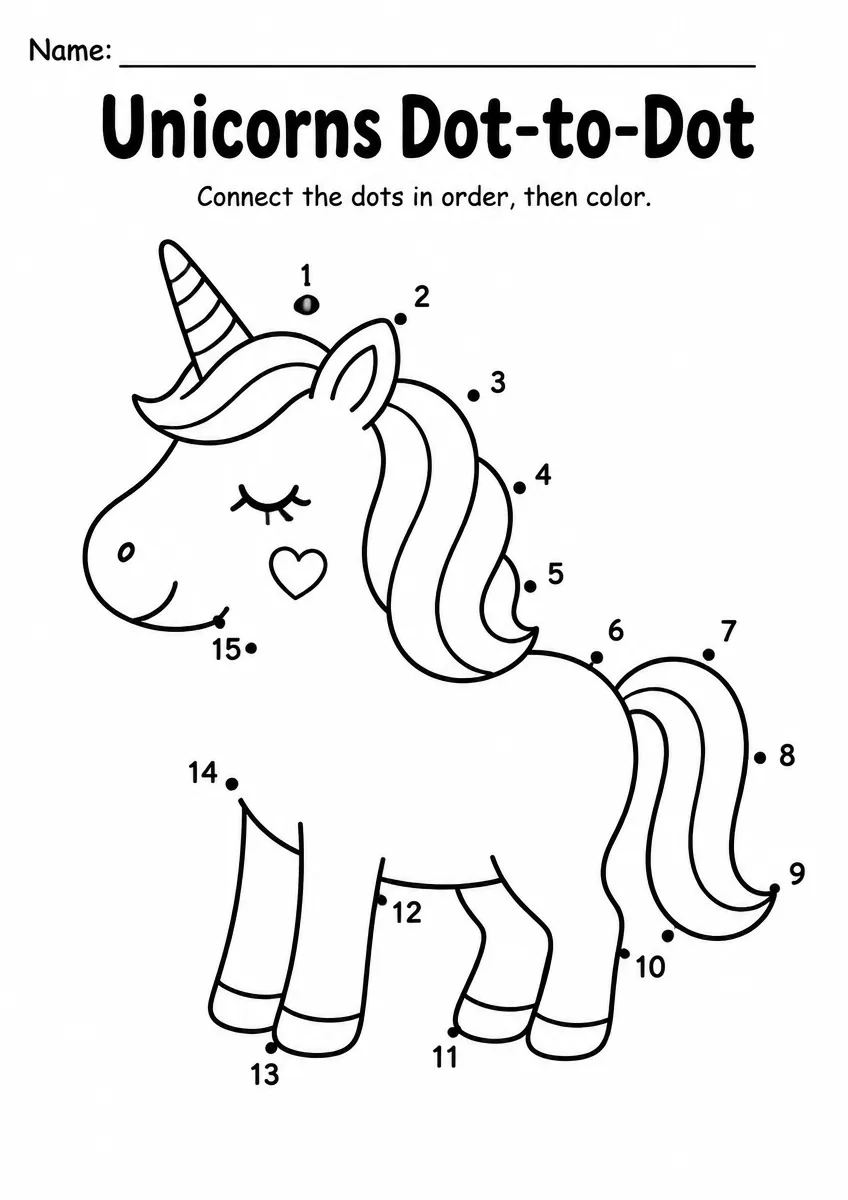Unicorns dot-to-dot worksheet for Kindergarten