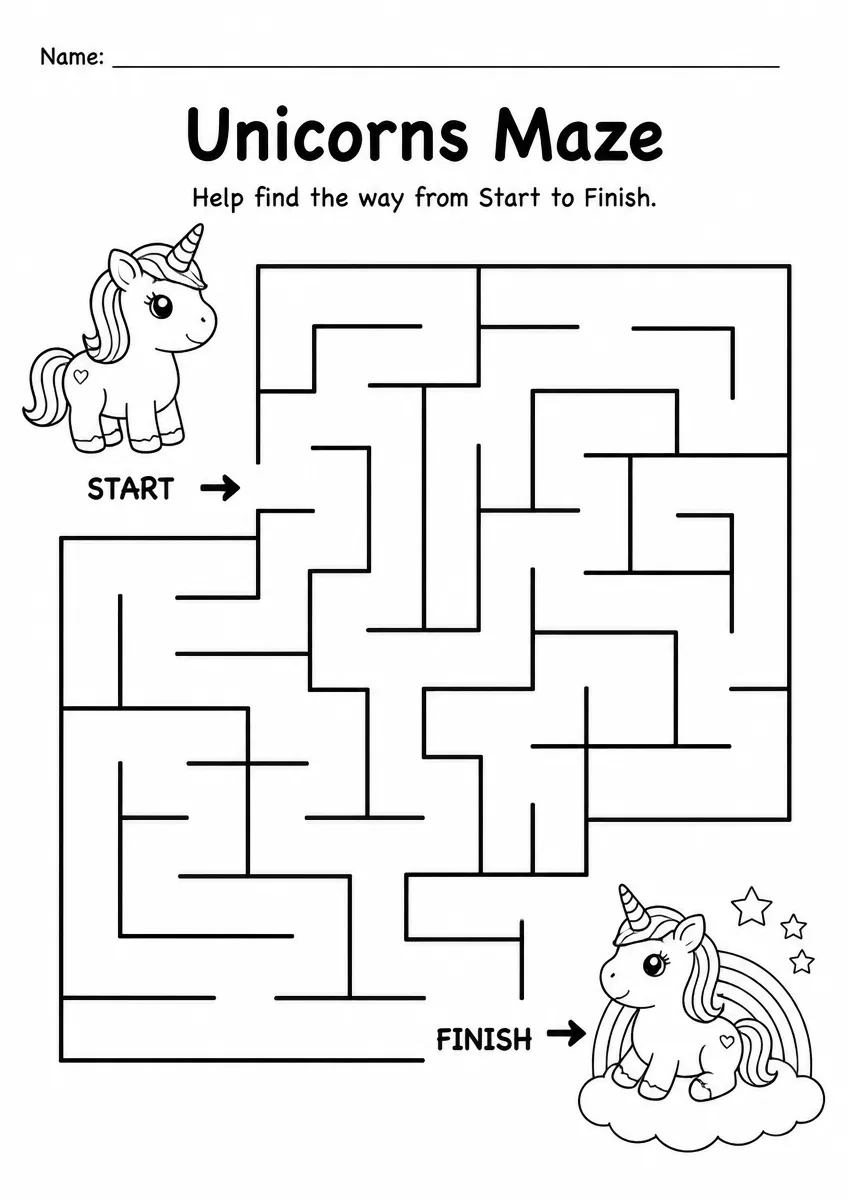 Unicorns maze worksheet for Kindergarten
