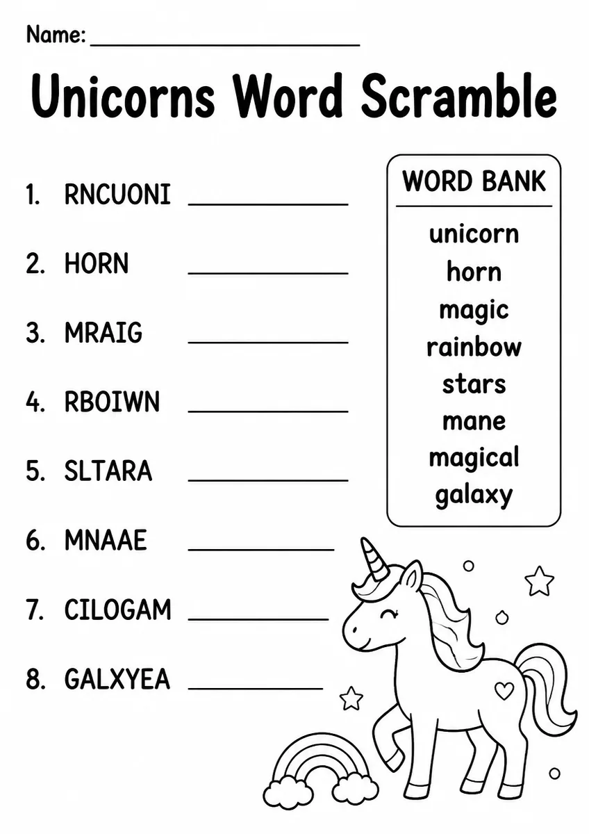 Unicorns word scramble worksheet for Kindergarten