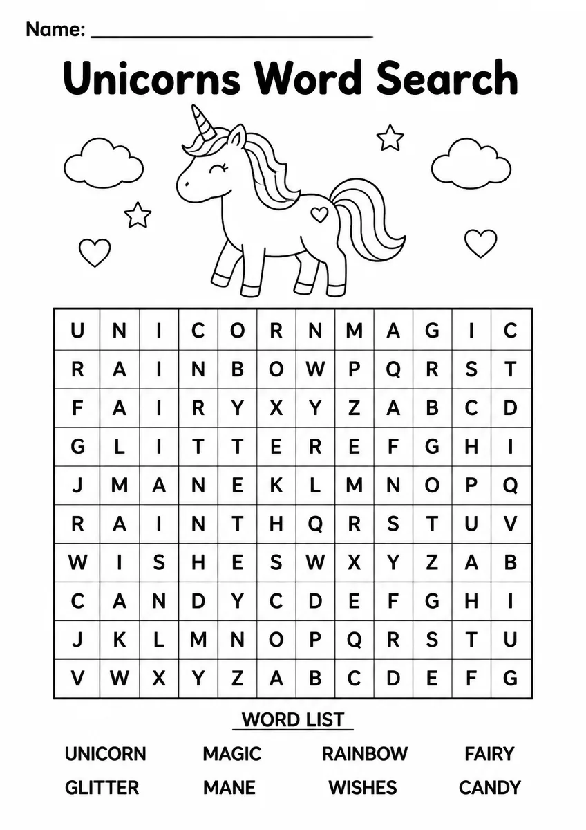 Unicorns word search worksheet for Kindergarten