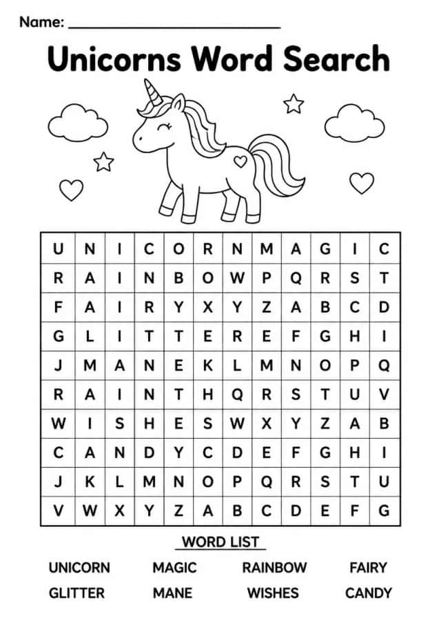 Unicorns Word Search — Kindergarten