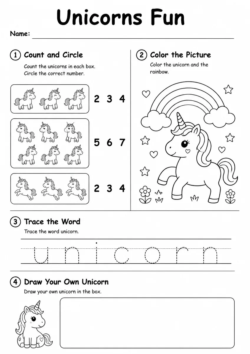 Unicorns worksheet worksheet for Kindergarten