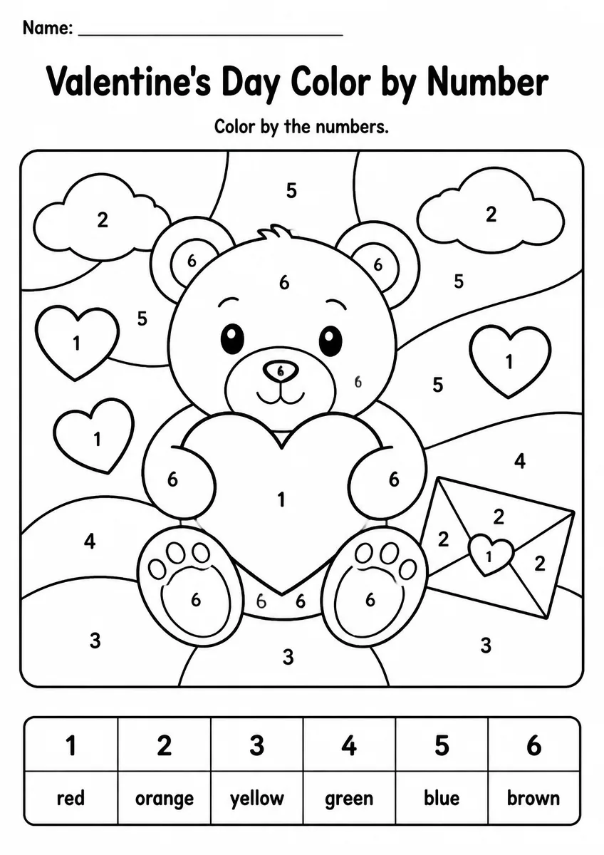 Valentine's Day color by number worksheet for Grade 1