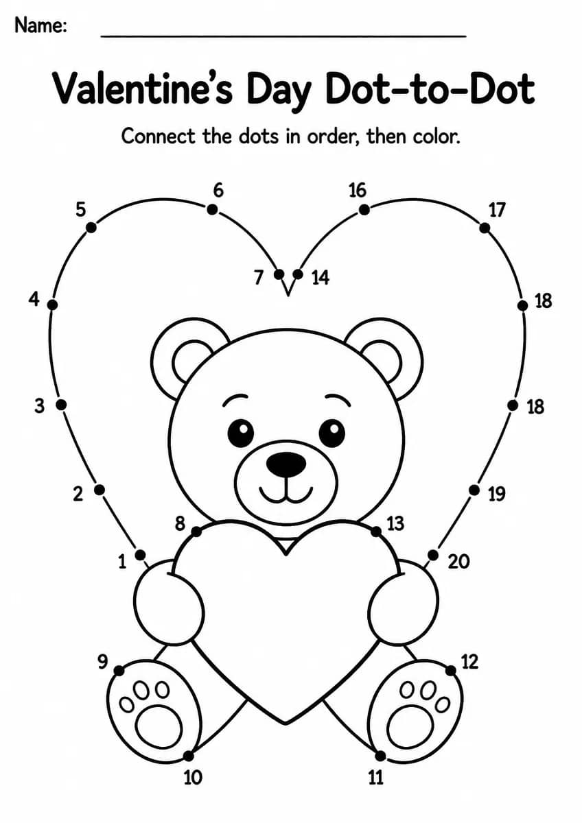 Valentine's Day dot-to-dot worksheet for Grade 1