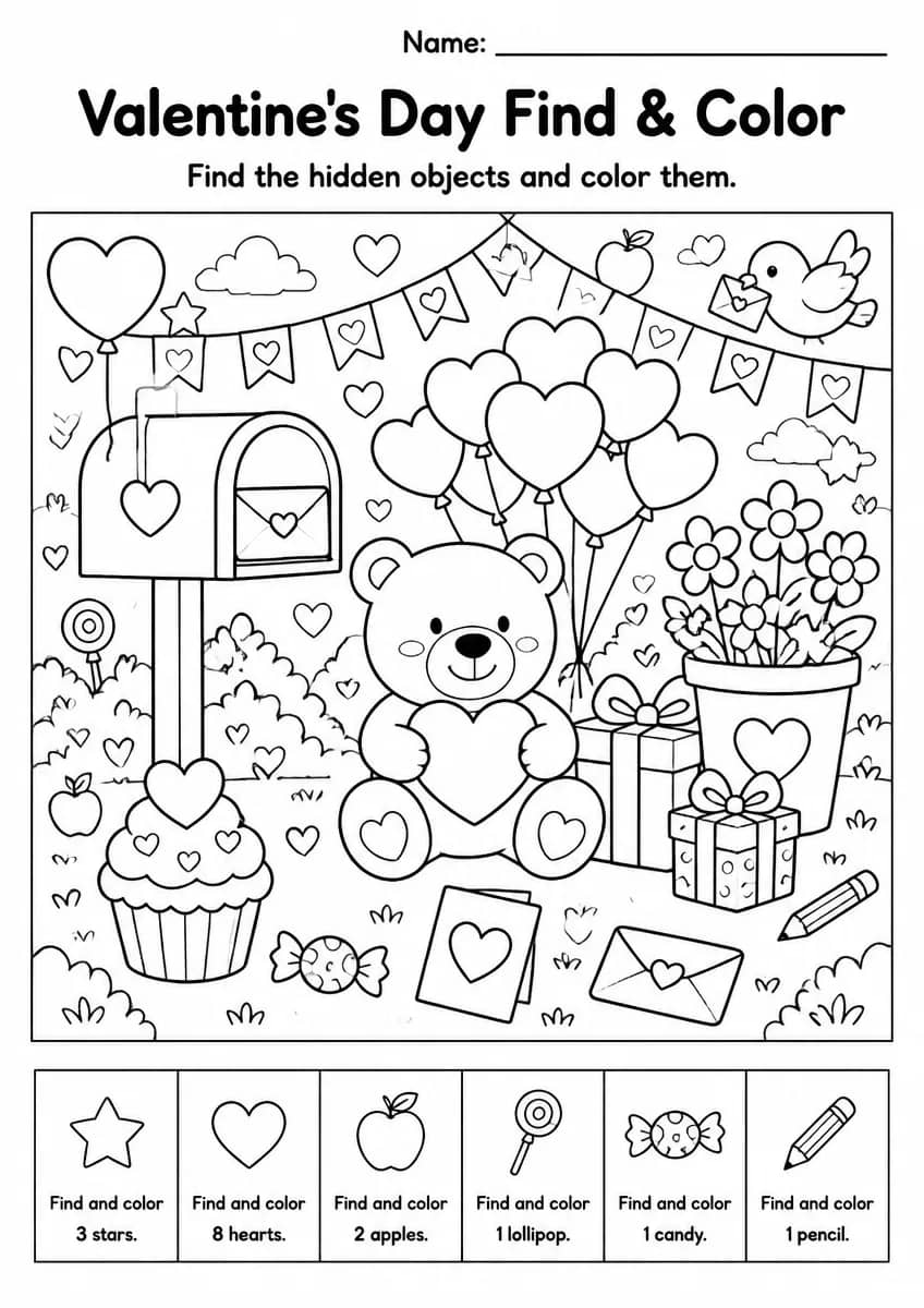 Valentine's Day find & color worksheet for Grade 1
