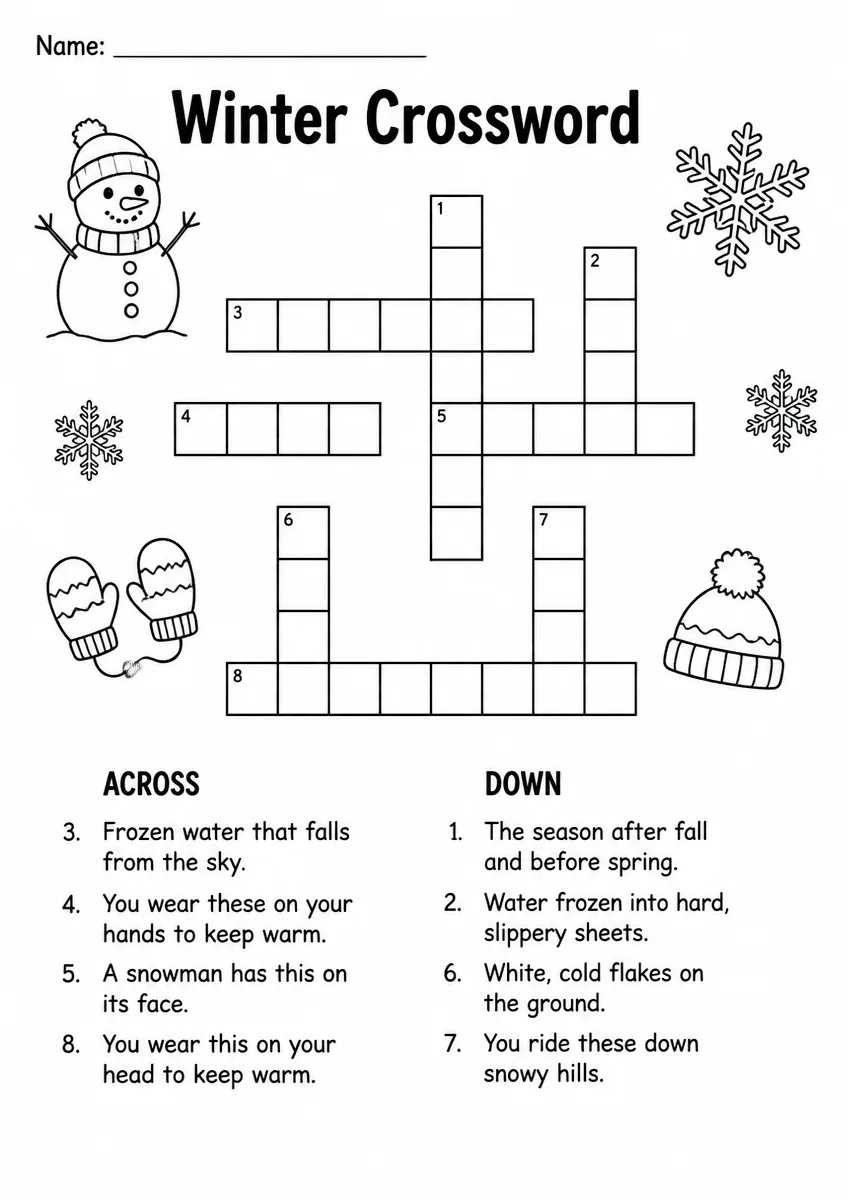 Winter crossword worksheet for Grade 2