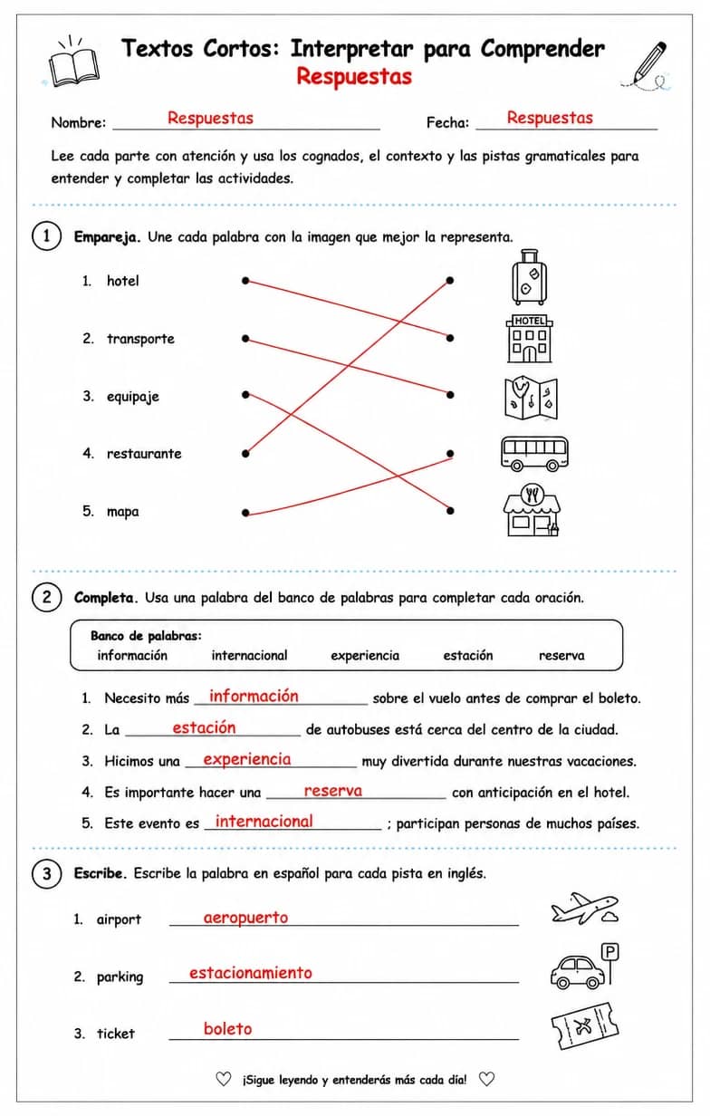 Answer key for Usar cognados, contexto y pistas gramaticales para interpretar textos desconocidos. — free printable Spanish worksheet