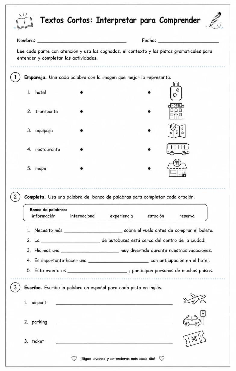 Usar cognados, contexto y pistas gramaticales para interpretar textos desconocidos. — free printable High School Spanish worksheet