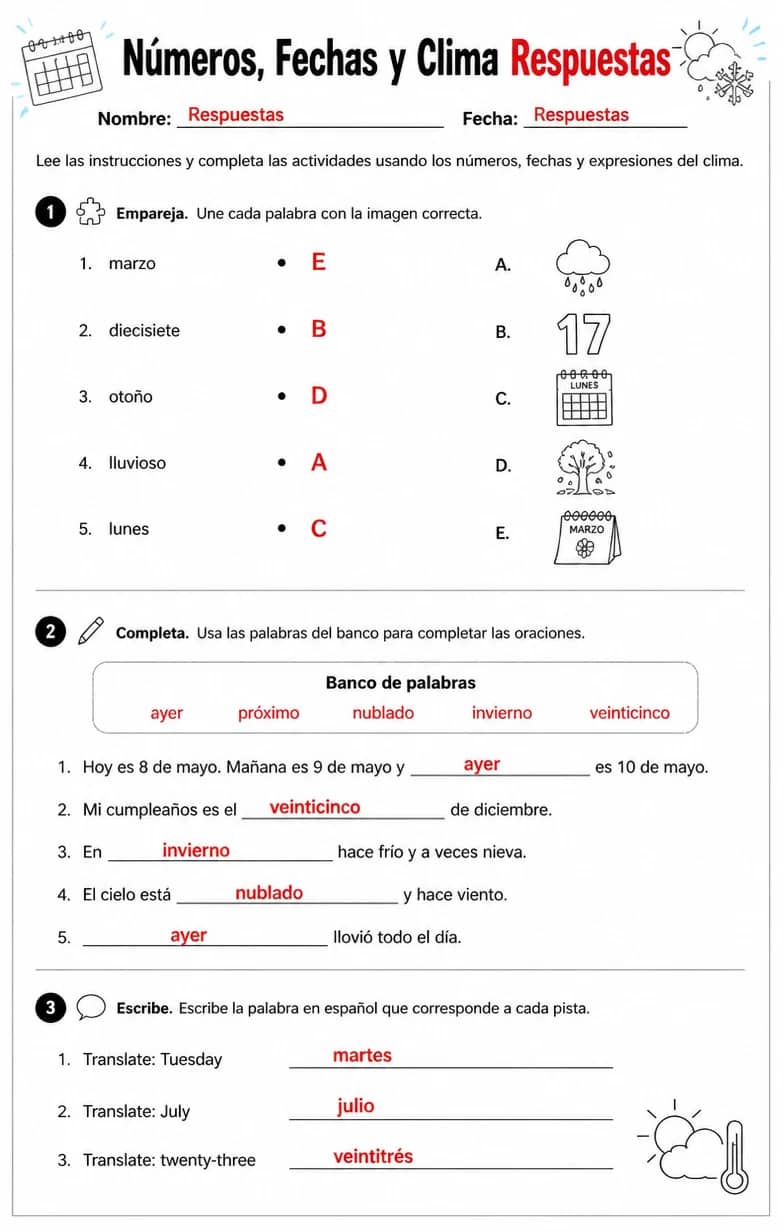 Answer key for Usar números, días, meses, fechas, estaciones y expresiones del tiempo en contexto. — free printable Spanish worksheet