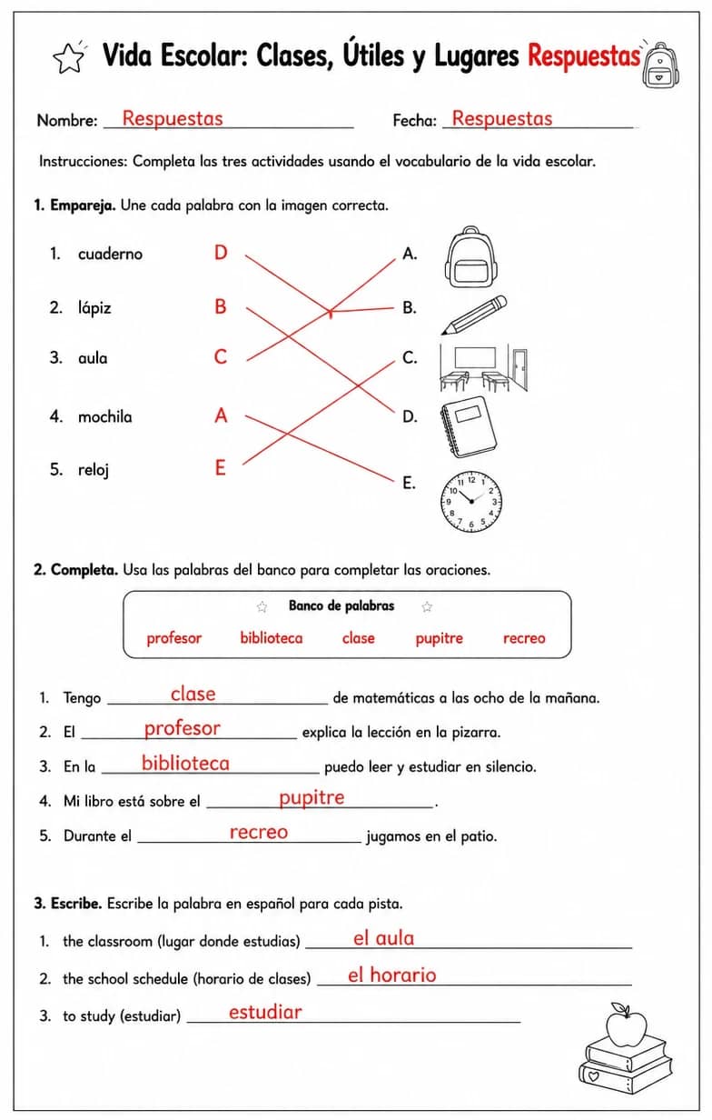Answer key for Usar palabras para clases, útiles, objetos del aula, horarios y lugares escolares. — free printable Spanish worksheet