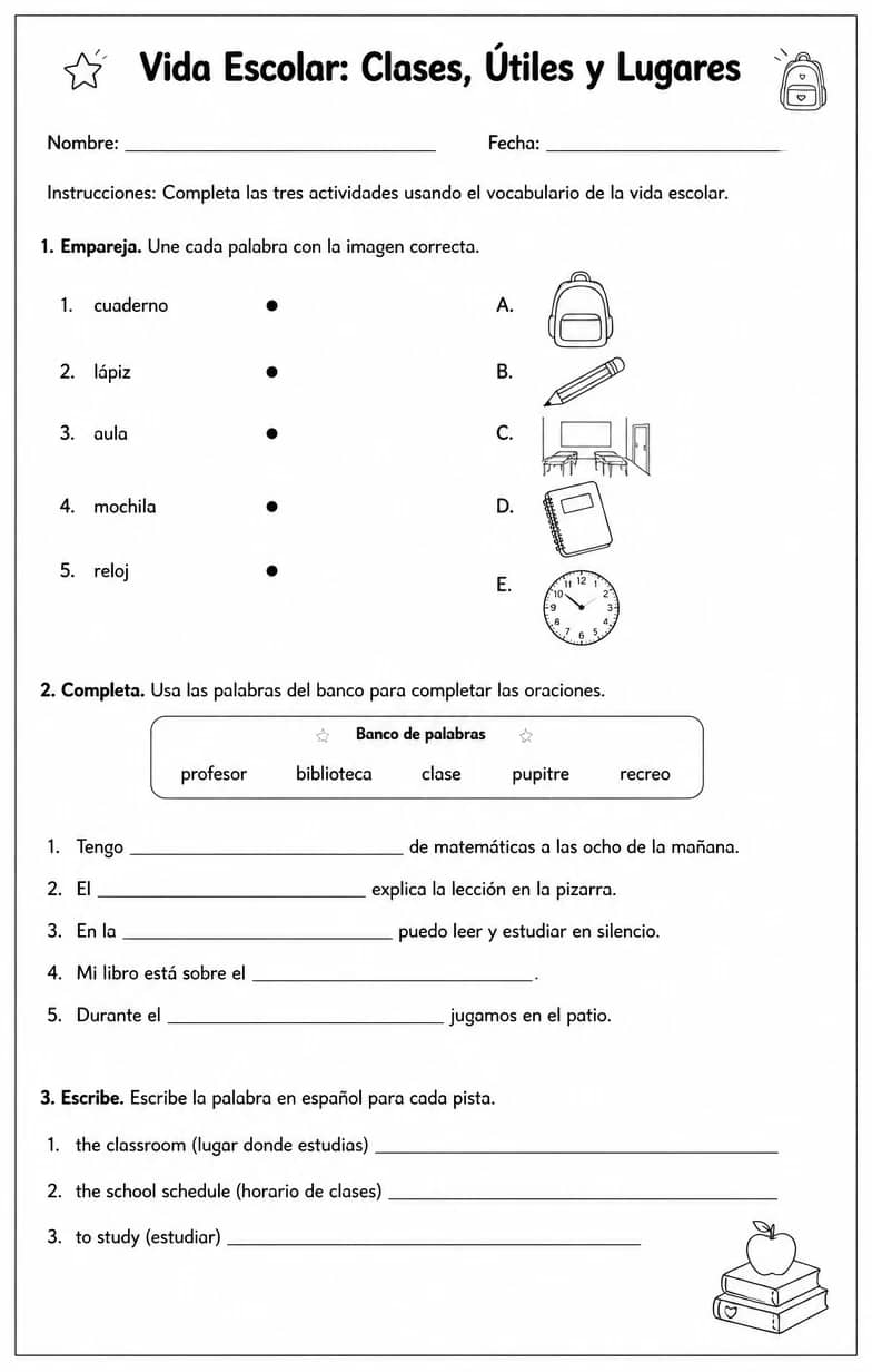 Usar palabras para clases, útiles, objetos del aula, horarios y lugares escolares. — free printable Middle School Spanish worksheet