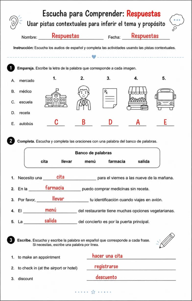Answer key for Usar pistas contextuales para inferir el tema y propósito de español hablado simple. — free printable Spanish worksheet