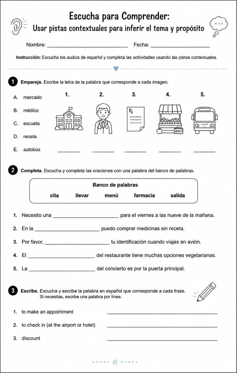 Usar pistas contextuales para inferir el tema y propósito de español hablado simple. — free printable Middle School Spanish worksheet