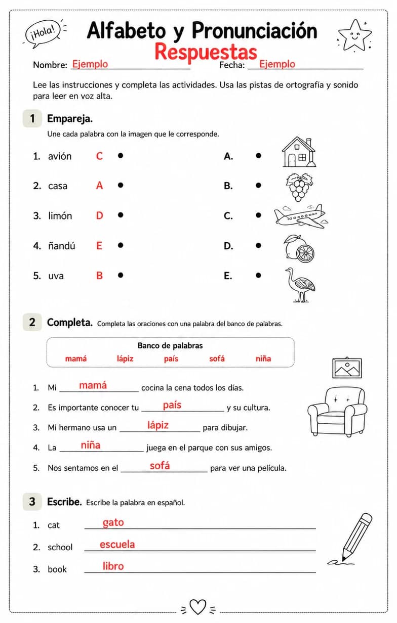 Answer key for Usar pistas de ortografía y sonido para leer palabras familiares en español en voz alta. — free printable Spanish worksheet