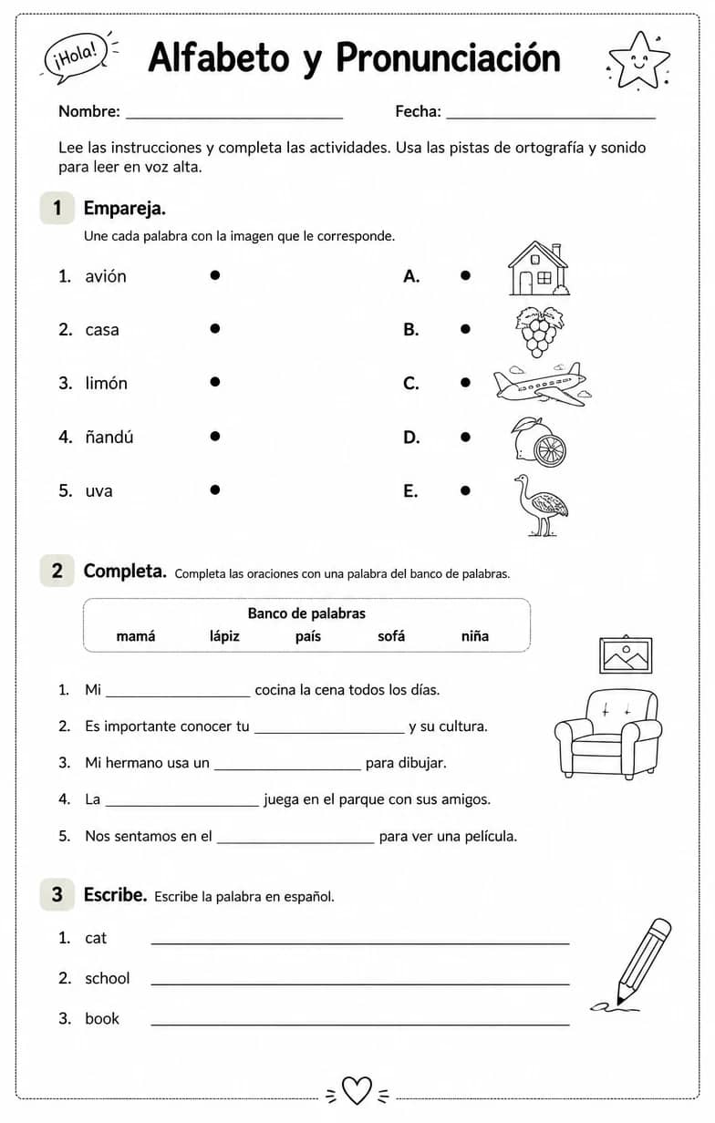 Usar pistas de ortografía y sonido para leer palabras familiares en español en voz alta. — free printable Middle School Spanish worksheet