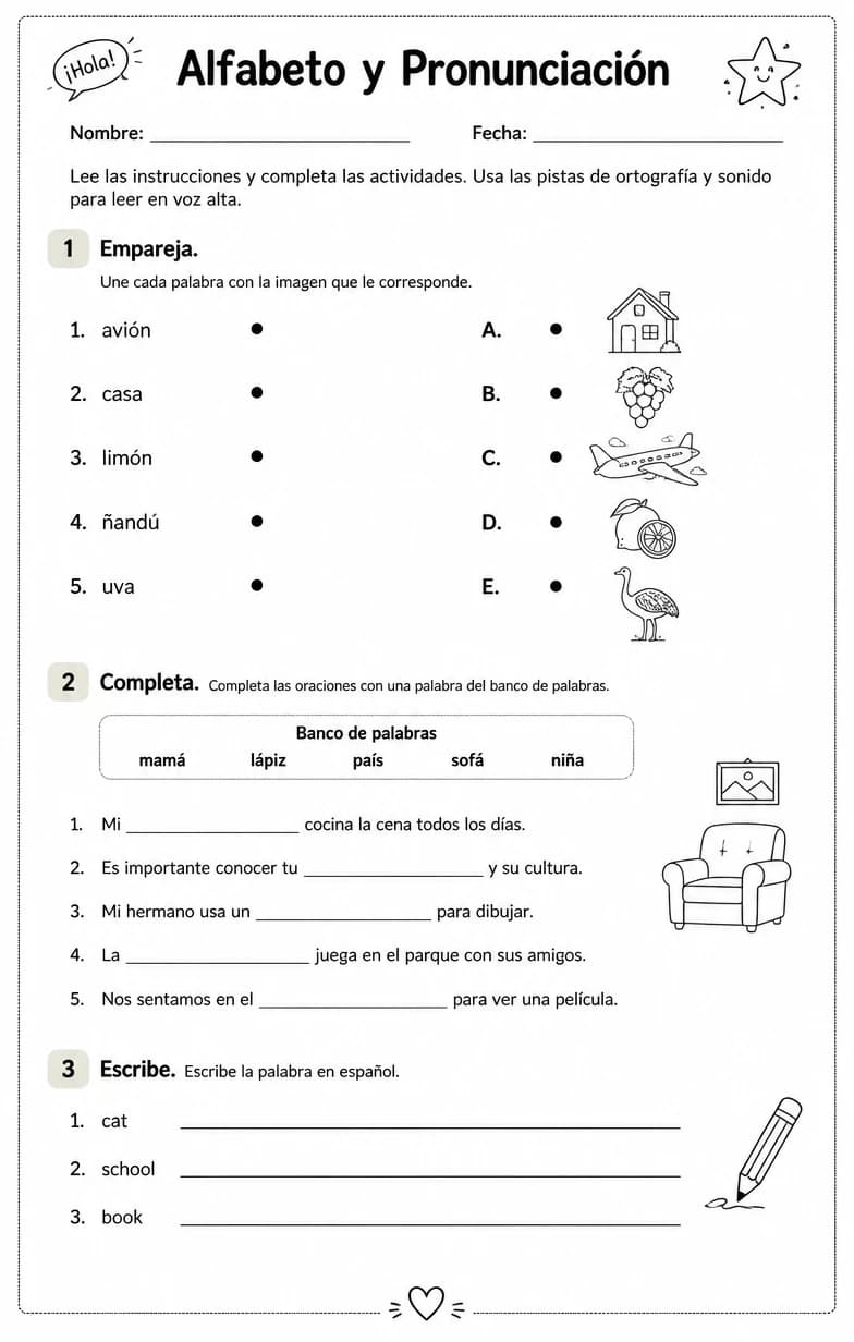Usar pistas de ortografía y sonido para leer palabras familiares en español en voz alta. — free printable Middle School Spanish worksheet