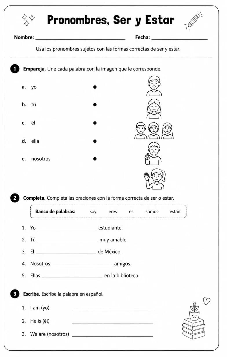 Usar pronombres sujetos con formas comunes de ser y estar. — free printable Middle School Spanish worksheet