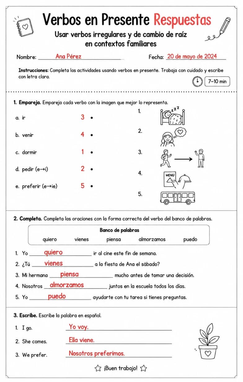 Answer key for Usar verbos irregulares y de cambio de raíz en contextos familiares. — free printable Spanish worksheet