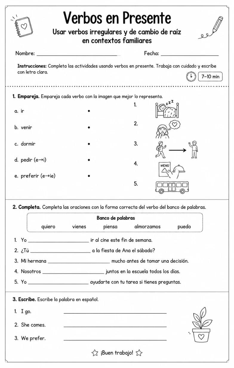 Usar verbos irregulares y de cambio de raíz en contextos familiares. — free printable Middle School Spanish worksheet