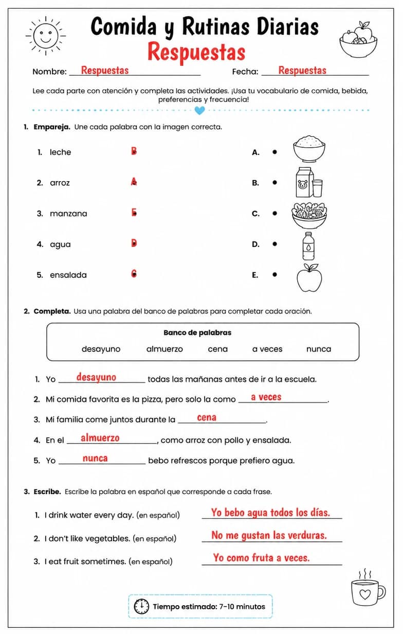 Answer key for Usar vocabulario de comida, bebida, preferencias y frecuencia en contexto. — free printable Spanish worksheet