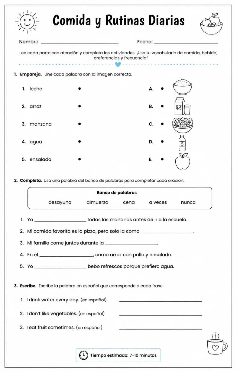 Usar vocabulario de comida, bebida, preferencias y frecuencia en contexto. — free printable Middle School Spanish worksheet