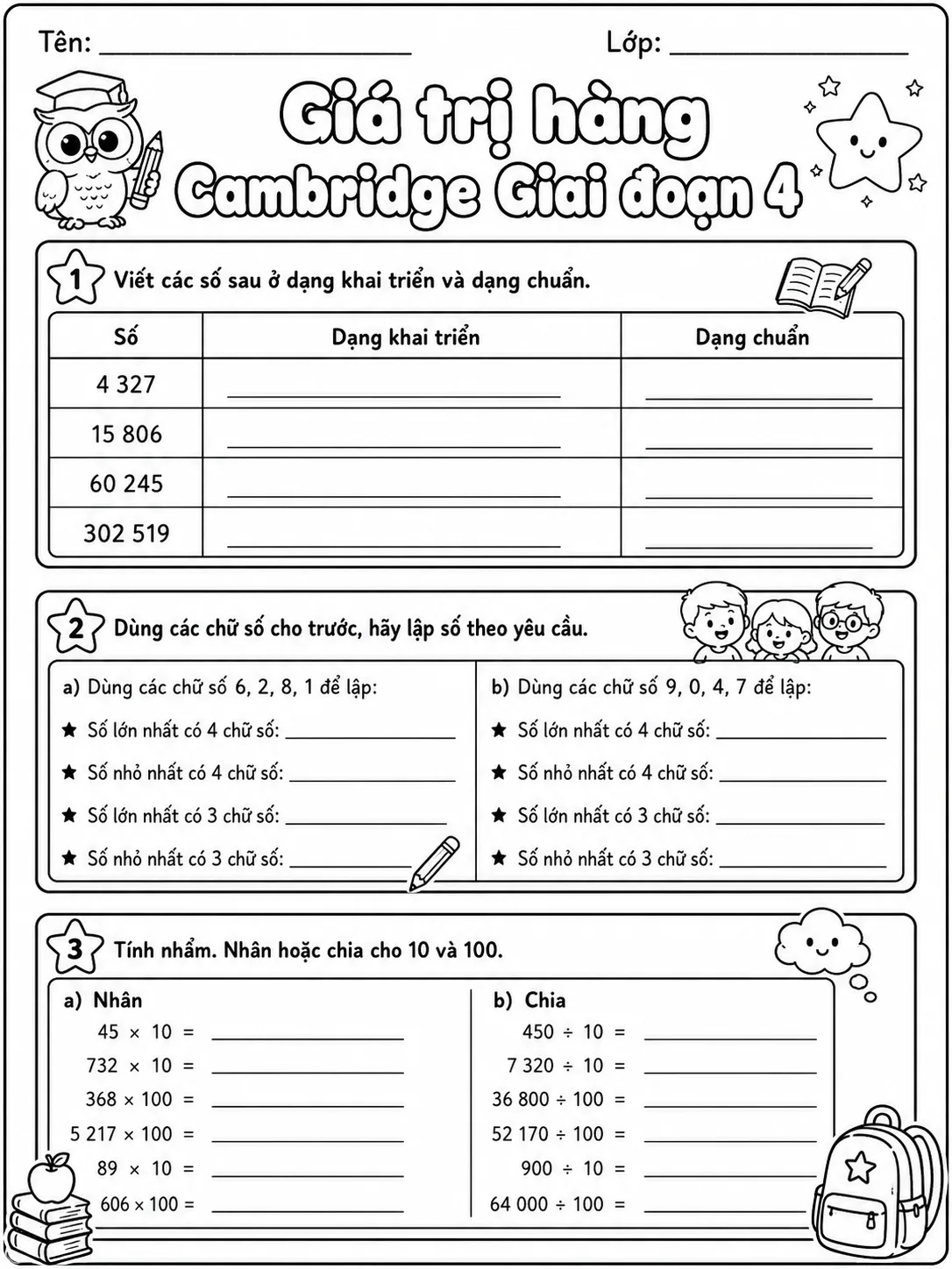 Giá trị vị trí Cambridge Giai đoạn 1 - Gói bài tập 07 trang 4 bản xem trước bài tập Toán Cambridge tiếng Việt