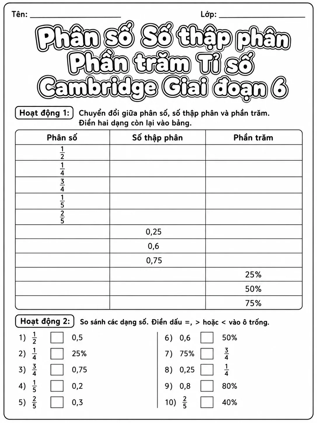 Phần trăm Cambridge Giai đoạn 1 - Gói bài tập 41 trang 2 bản xem trước bài tập Toán Cambridge tiếng Việt