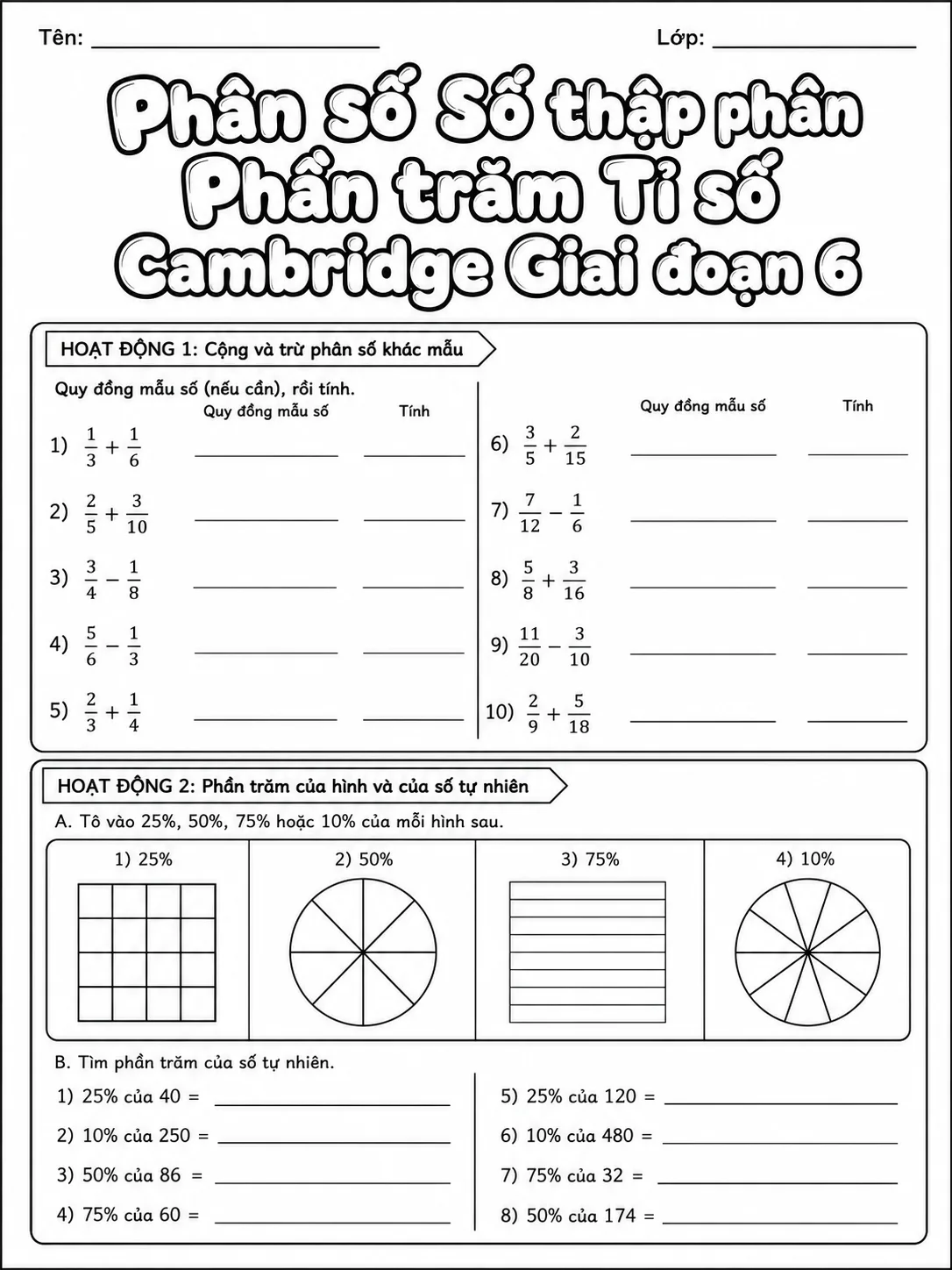 Phần trăm Cambridge Giai đoạn 1 - Gói bài tập 41 trang 3 bản xem trước bài tập Toán Cambridge tiếng Việt