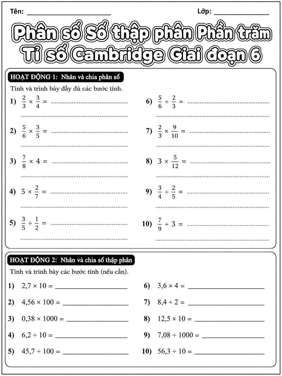 Phần trăm Cambridge Giai đoạn 1 - Gói bài tập 41 trang 4 bản xem trước bài tập Toán Cambridge tiếng Việt