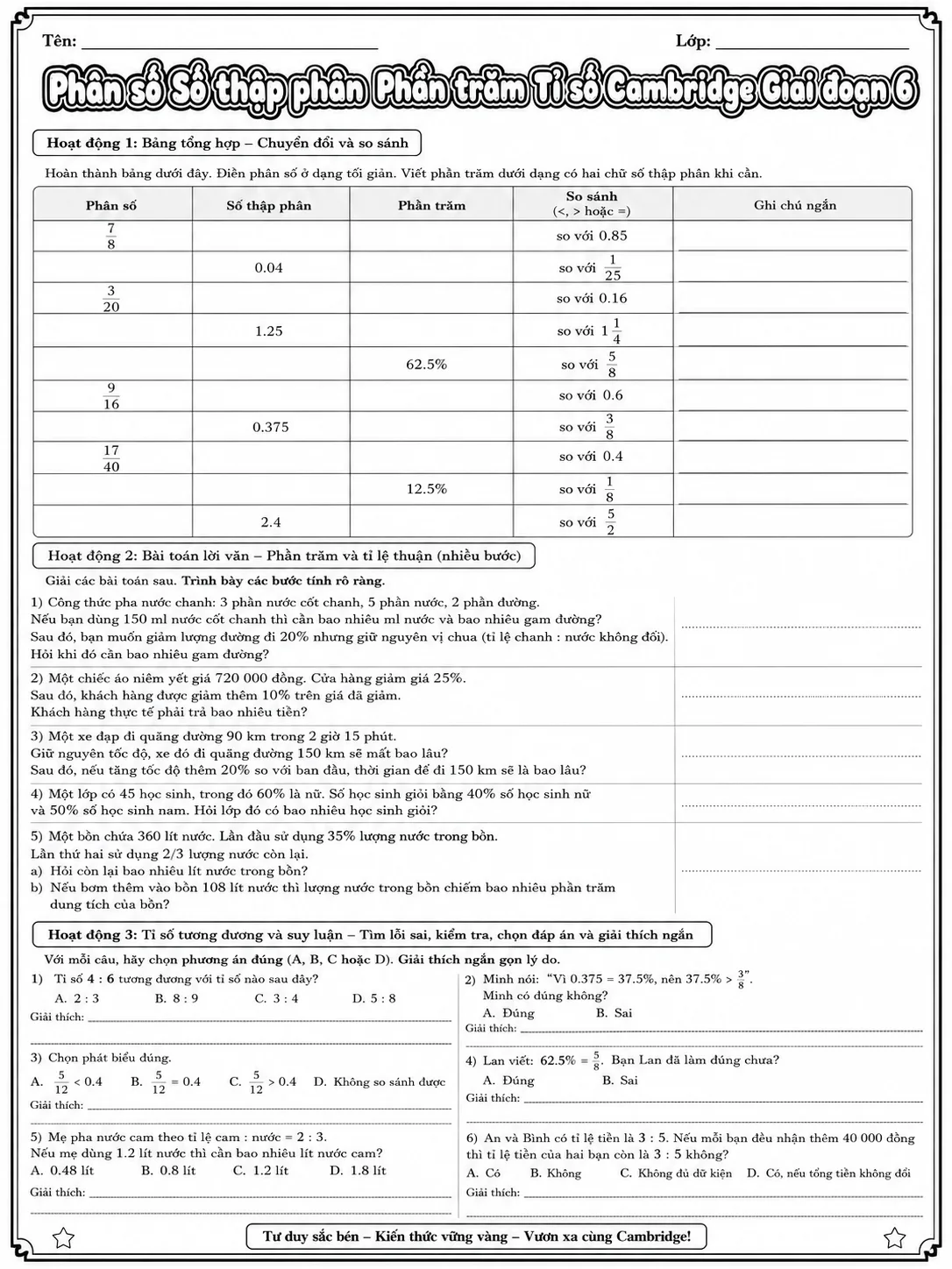 Phần trăm Cambridge Giai đoạn 2 - Gói bài tập 06 trang 9 bản xem trước bài tập Toán Cambridge tiếng Việt