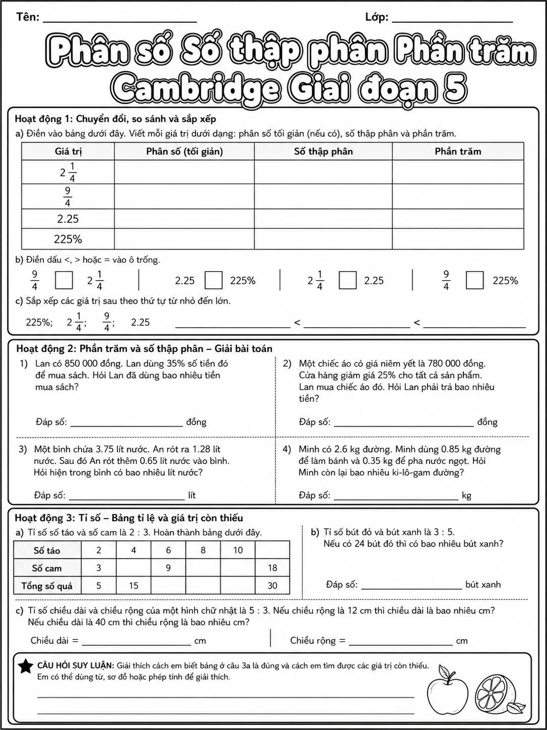 Phần trăm Cambridge Giai đoạn 5 - Gói bài tập 19 trang 9 bản xem trước bài tập Toán Cambridge tiếng Việt