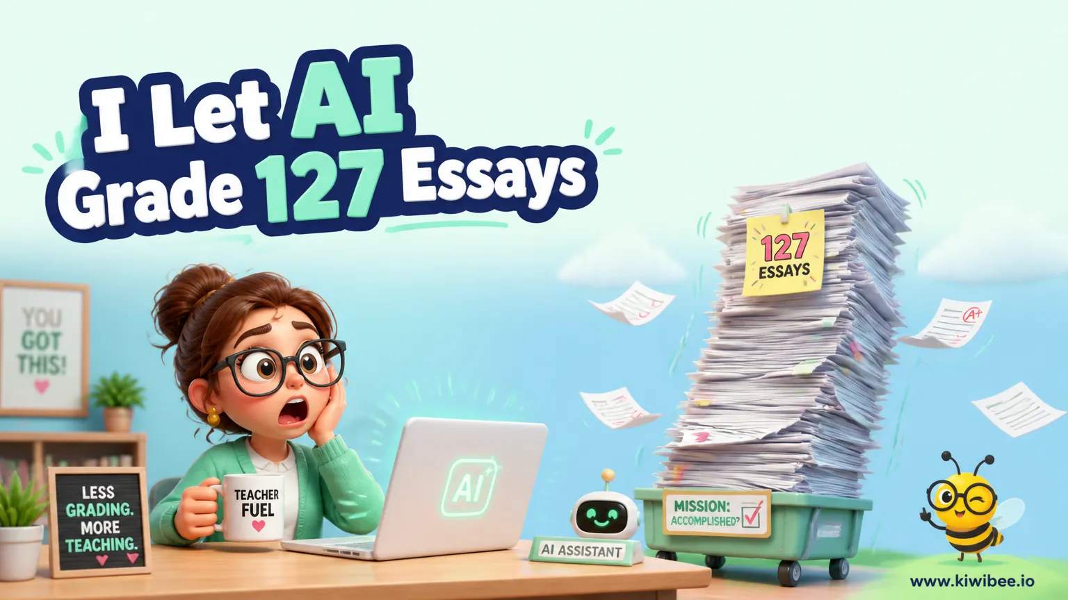 Playful header illustration for the article "I Let AI Grade 127 Essays in One Afternoon — Here's What Happened", in KiwiBee's friendly cartoon style with a small bee mascot in the corner.