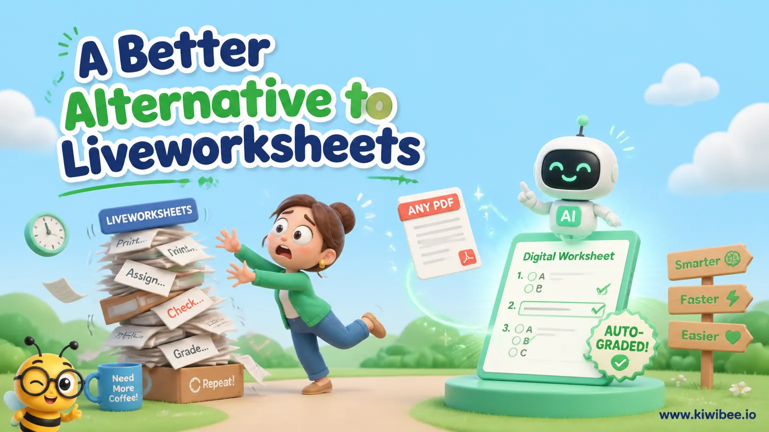 Playful header illustration for the article "A Better Alternative to Liveworksheets: AI Turns Any PDF Into a Digital, Auto-Graded Worksheet", in KiwiBee's friendly cartoon style with a small bee mascot in the corner.