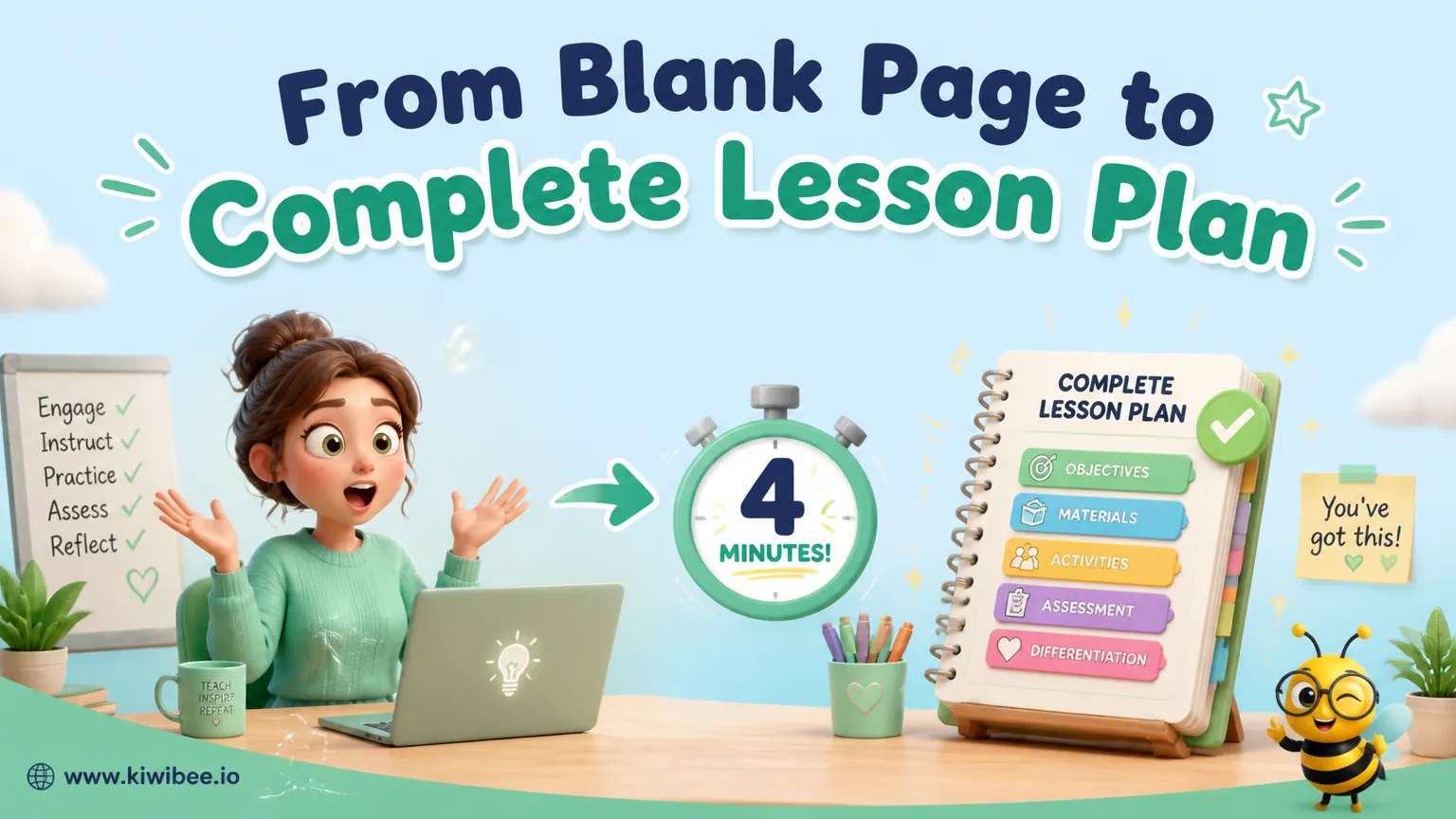 Playful header illustration for the article "From Blank Page to Complete Lesson Plan in 4 Minutes", in KiwiBee's friendly cartoon style with a small bee mascot in the corner.