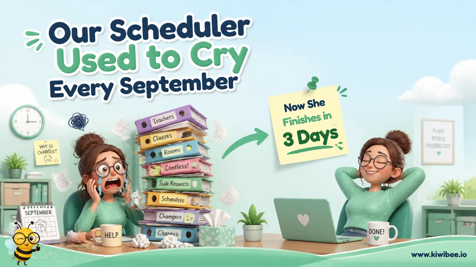 Playful header illustration for the article "Our Scheduler Used to Cry Every September — Now She Finishes in 3 Days", in KiwiBee's friendly cartoon style with a small bee mascot in the corner.