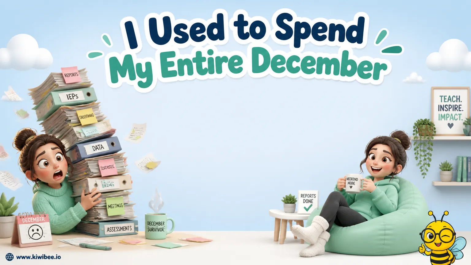 Playful header illustration for the article "I Used to Spend My Entire December Writing Reports. Now It Takes a Weekend.", in KiwiBee's friendly cartoon style with a small bee mascot in the corner.
