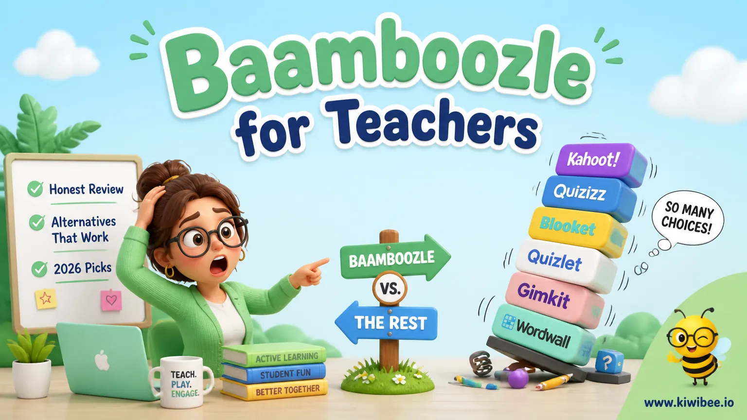 Playful header illustration for the article "Baamboozle for Teachers: Honest Review + Alternatives (2026)", in KiwiBee's friendly cartoon style with a small bee mascot in the corner.