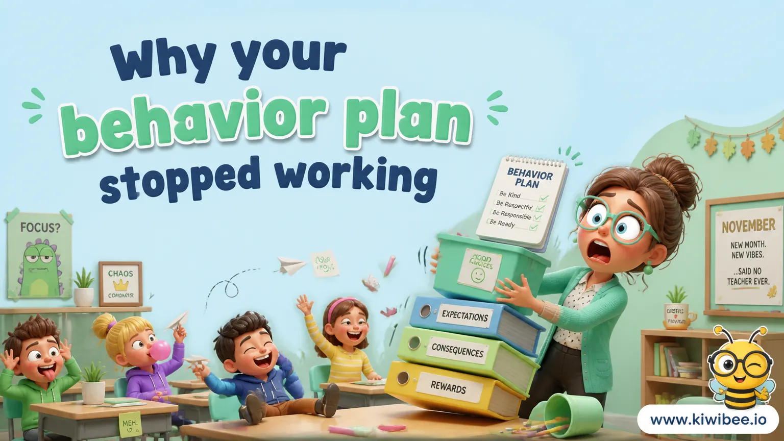 Playful header illustration for the article "Why your behavior plan stopped working in November", in KiwiBee's friendly cartoon style with a small bee mascot in the corner.