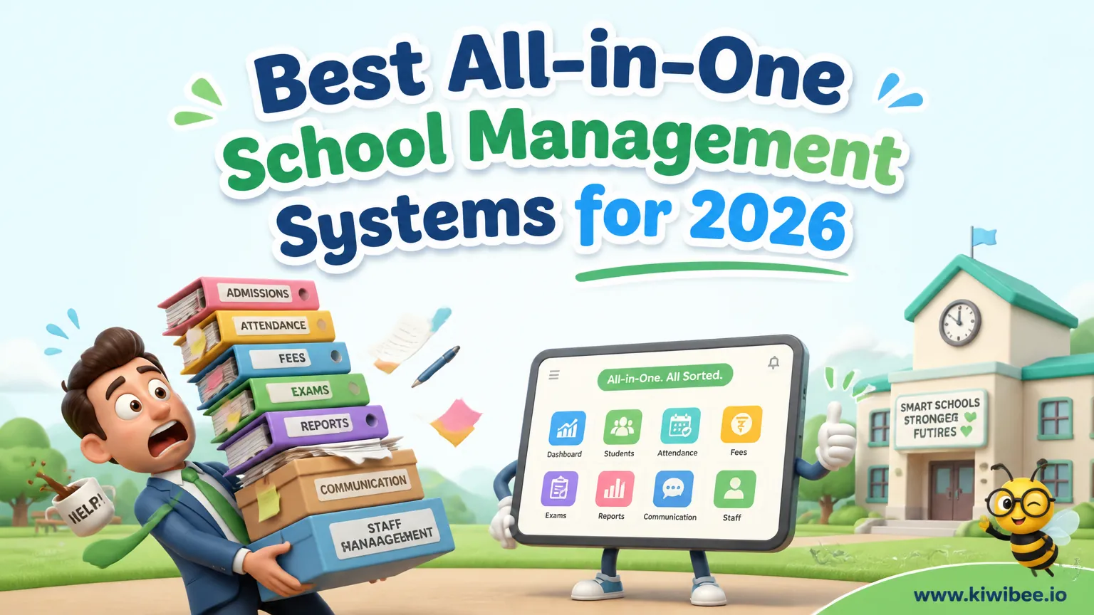Playful header illustration for the article "Best All-in-One School Management Systems for 2026", in KiwiBee's friendly cartoon style with a small bee mascot in the corner.