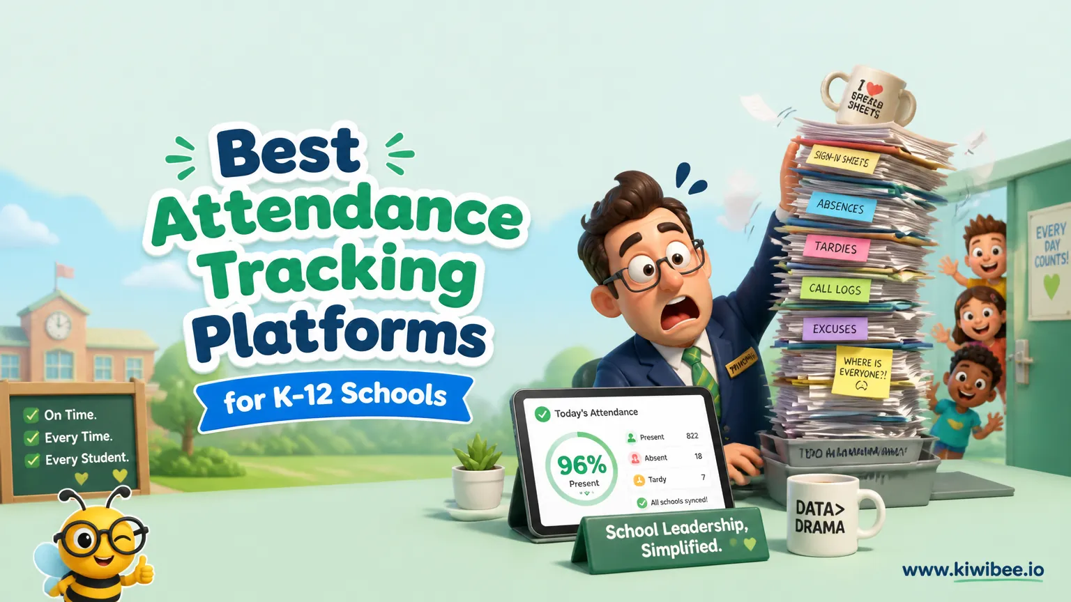 Playful header illustration for the article "Best Attendance Tracking Platforms for K-12 Schools (2026)", in KiwiBee's friendly cartoon style with a small bee mascot in the corner.