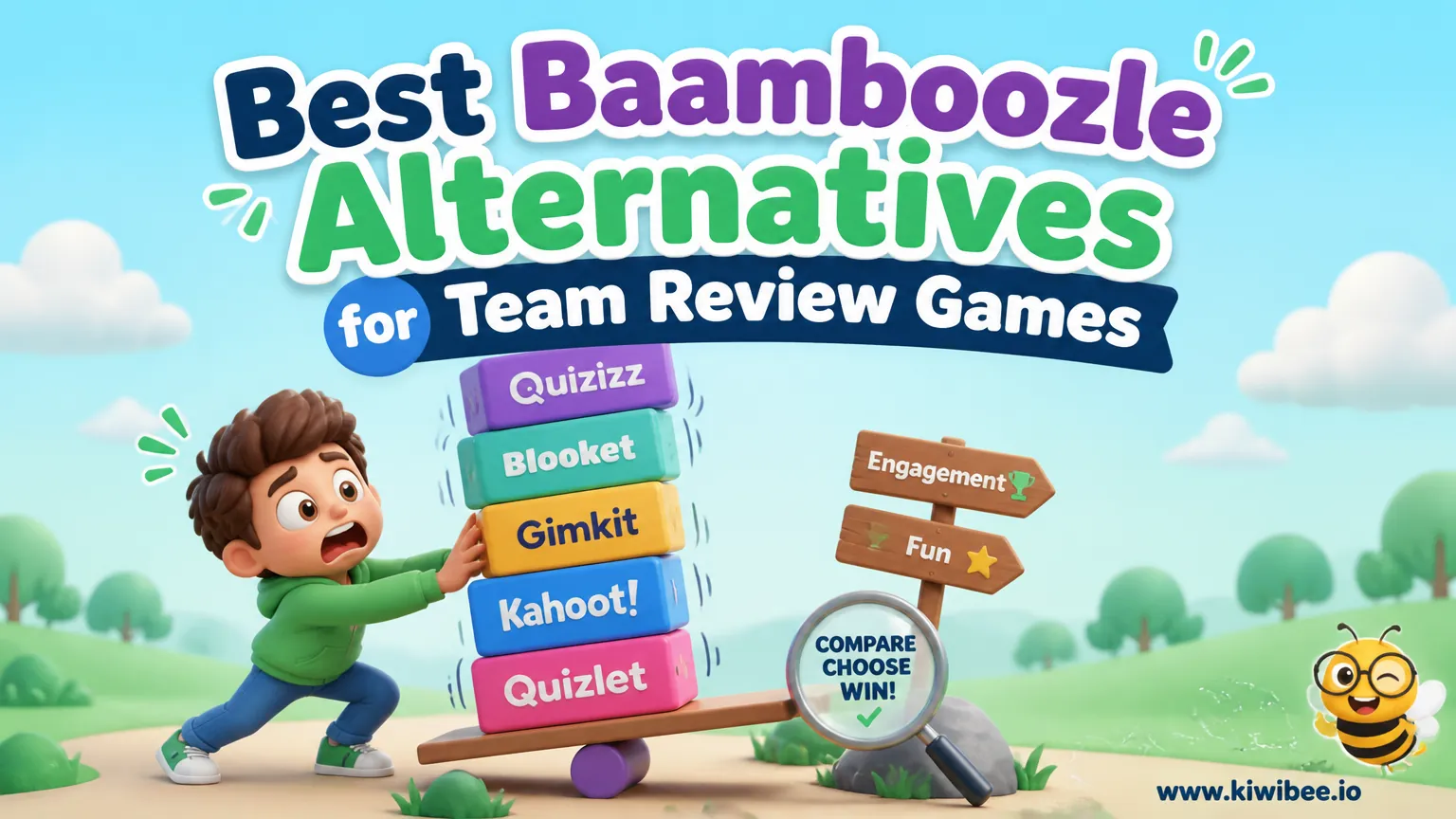 Playful header illustration for the article "Best Baamboozle Alternatives for Team Review Games", in KiwiBee's friendly cartoon style with a small bee mascot in the corner.